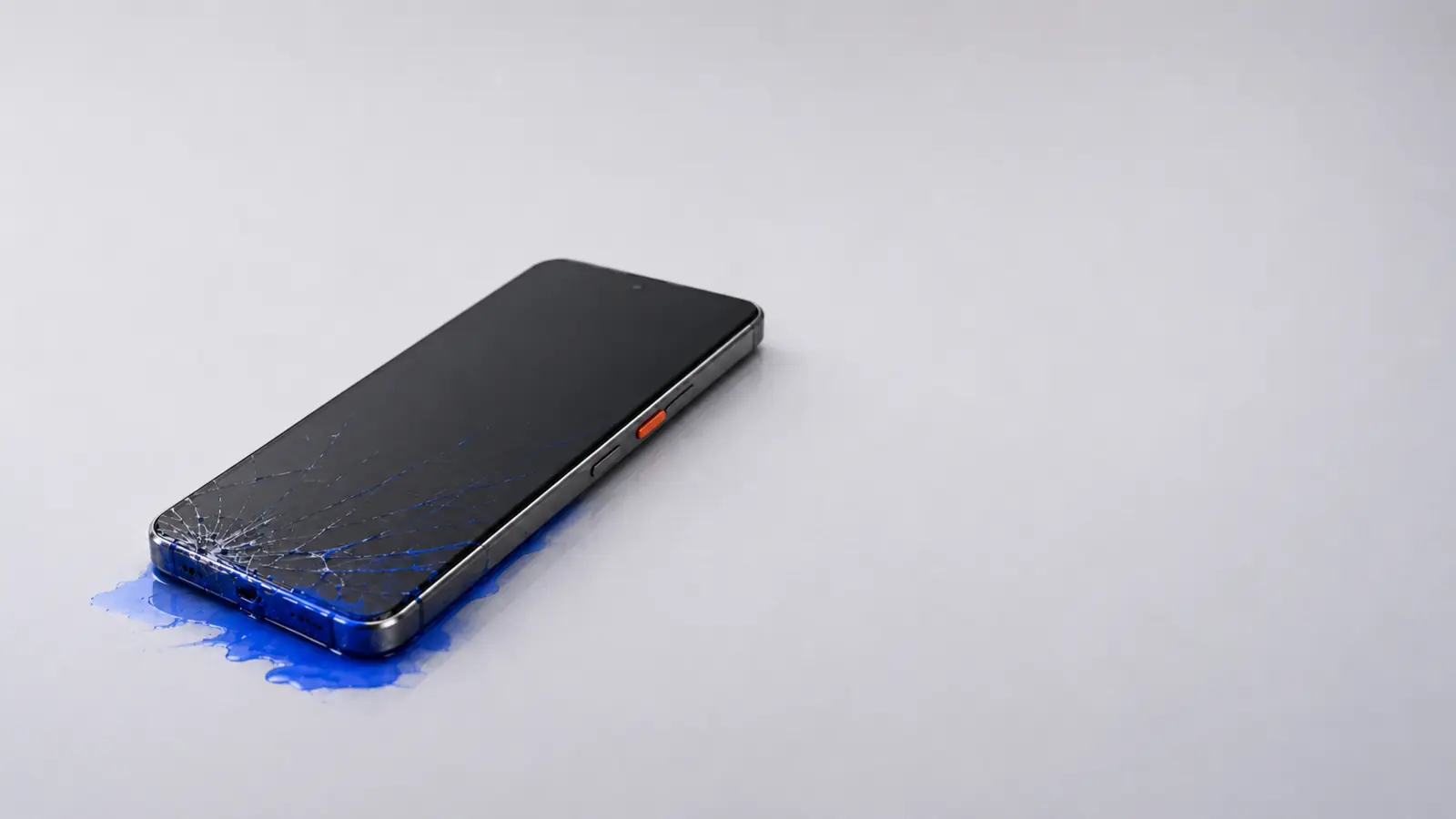 Un smartphone noir marqué par l’encre cobalt après l’impact.